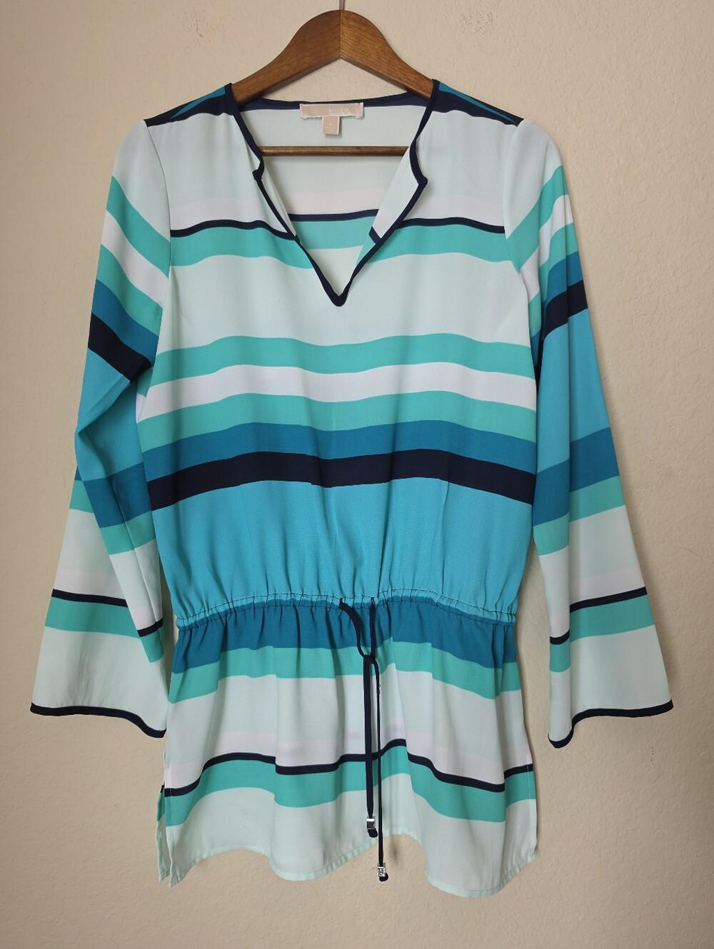 Michael Kors Tunic Top Women Small White Green Stripe Cinch Waist Summer Coastal